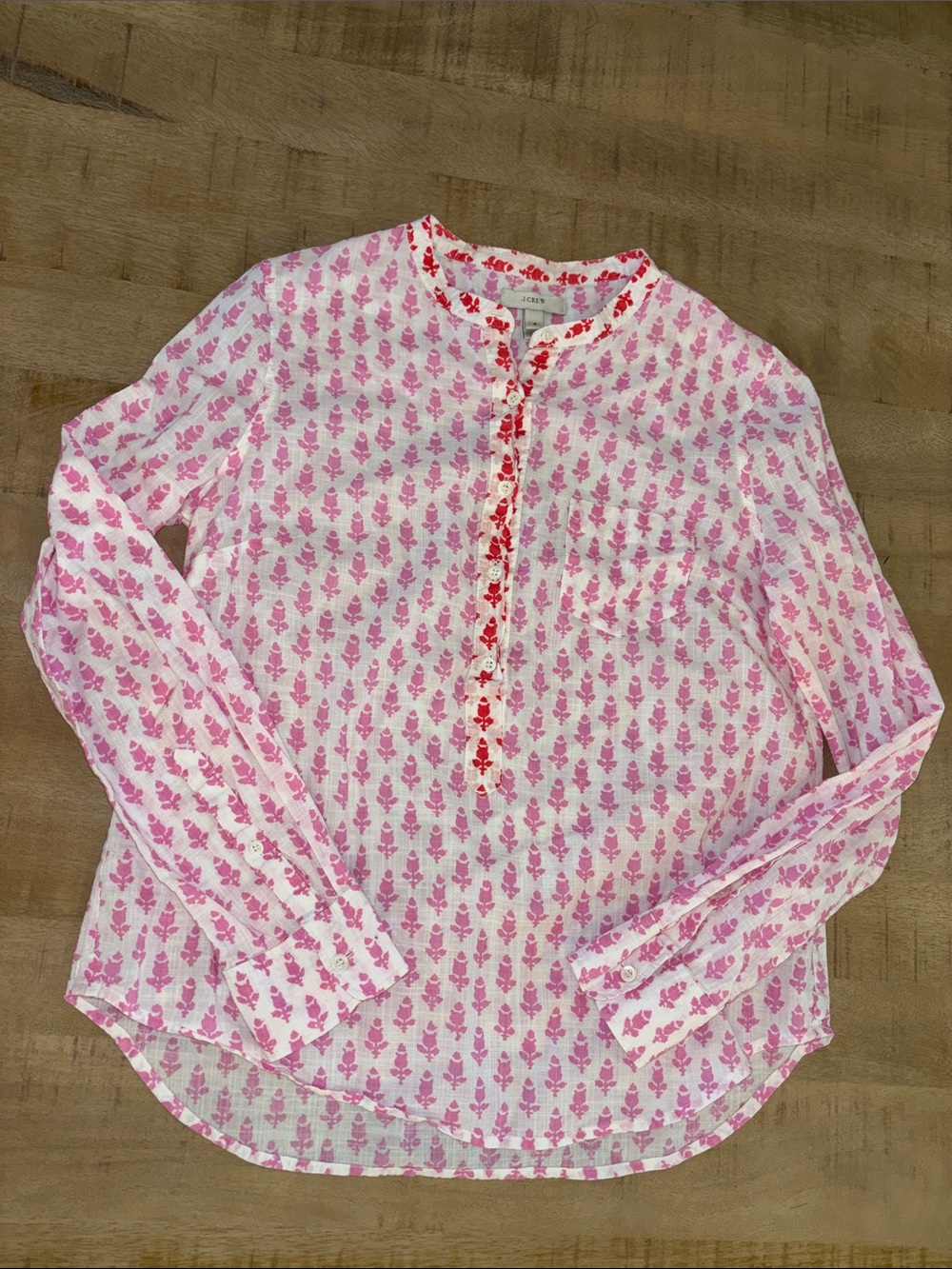 J. Crew Block Print Thistle Popover Blouse Top Shitt Pink Womens Size 4 $88